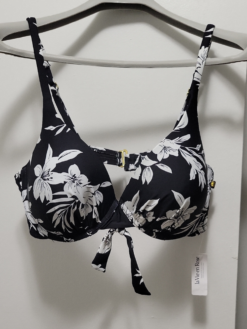 La Vie En Rose Black & White Floral Bikini Top with Front Tie